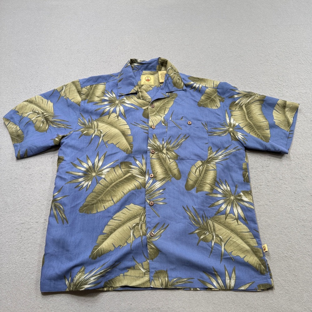 Vintage Joe Marlin Hawaiian Shirt Men's XL Blue Tropical Palm Leaf Button Down